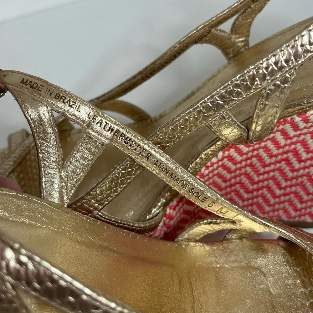 Lilly Pulitzer Sophie Pink and Gold Chevron Slingback Open Toe Strappy Wedges 6M